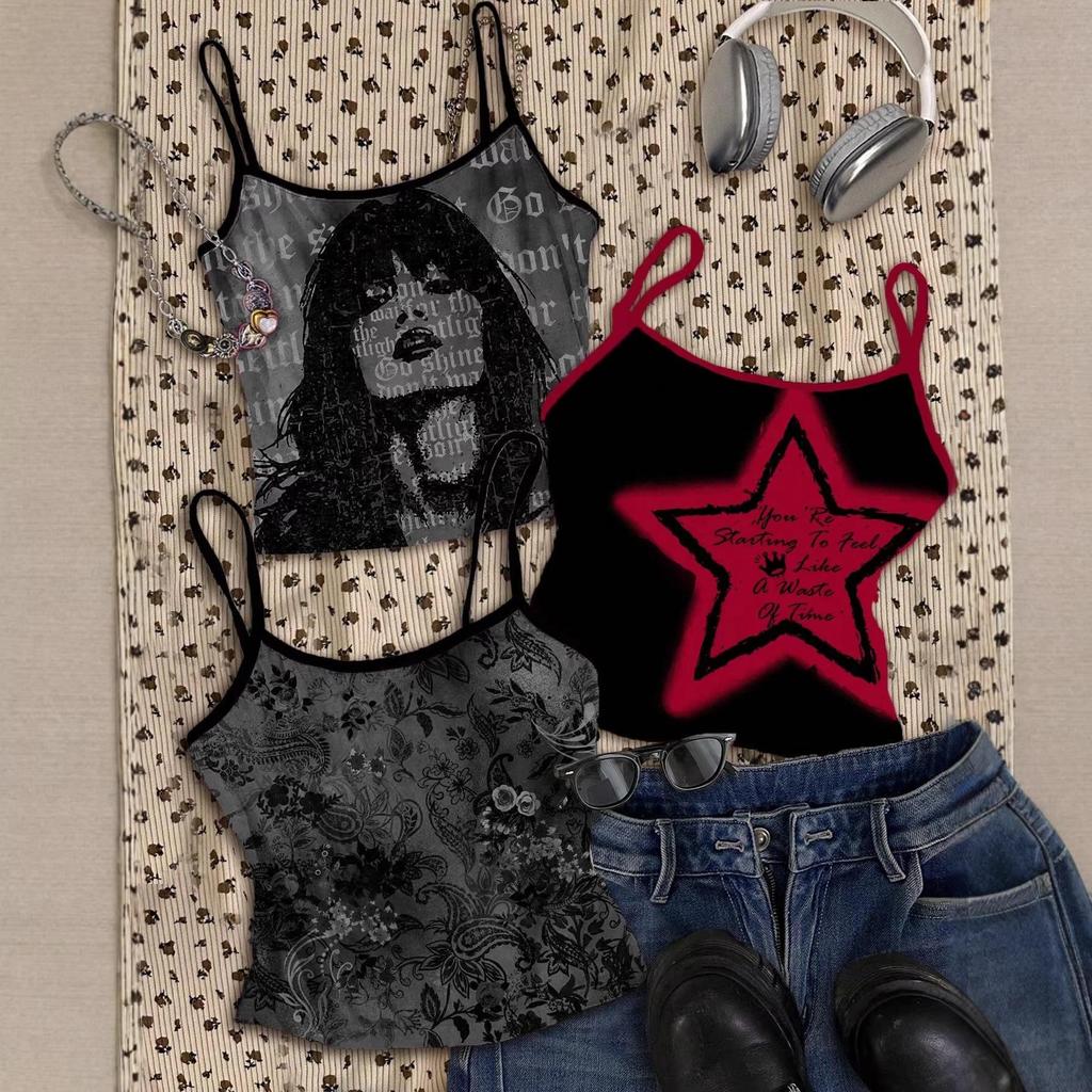2026 Summer Red & Black Star Print Spaghetti Strap Slimming Tank Top for Women