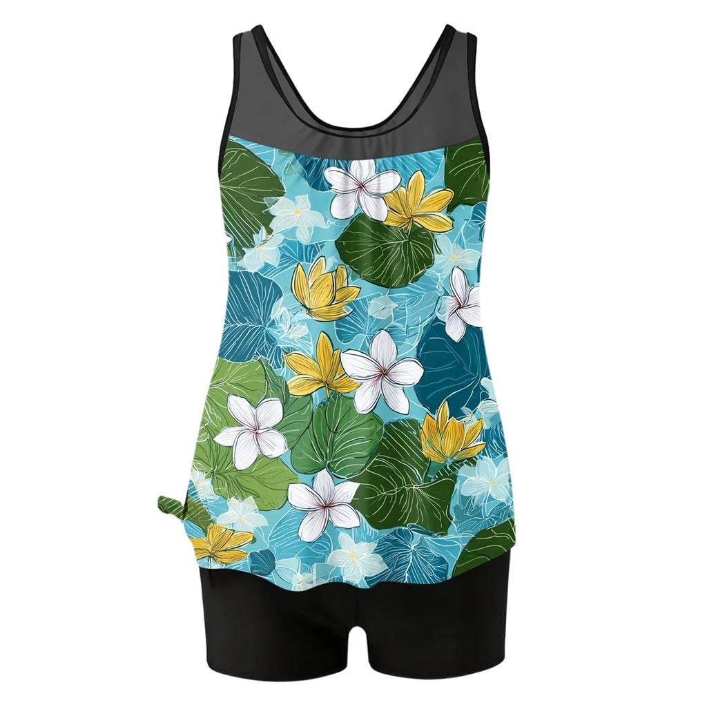 Women’s Two Piece Tankini Swimsuit Set Floral Print Sleeveless Top with Swim Shorts for Beach Pool Wear