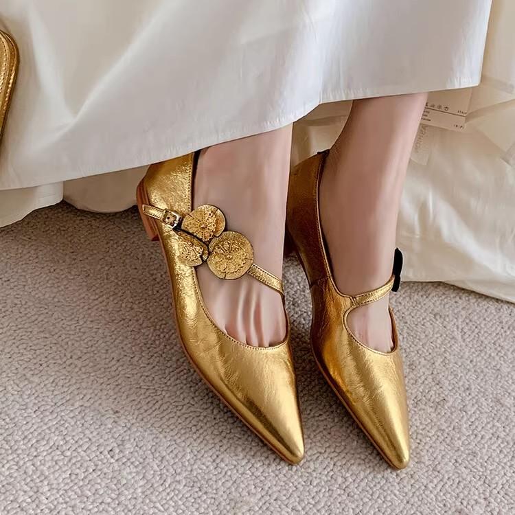 2024 Women's Flats Gold Pointed Toe Ballet Flats Flower Mary Janes Shoes for Female New Designer Singler Shoes Spring Summer