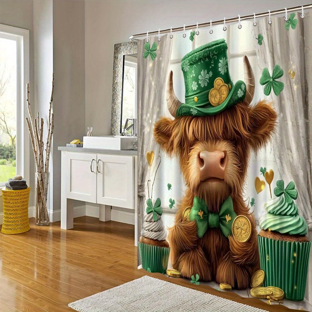 Enchanting Highland Cow Shower Curtain - Waterproof And Anti Mold, With St. Patrick'S Day As The Theme,Creating Festive Bathroom