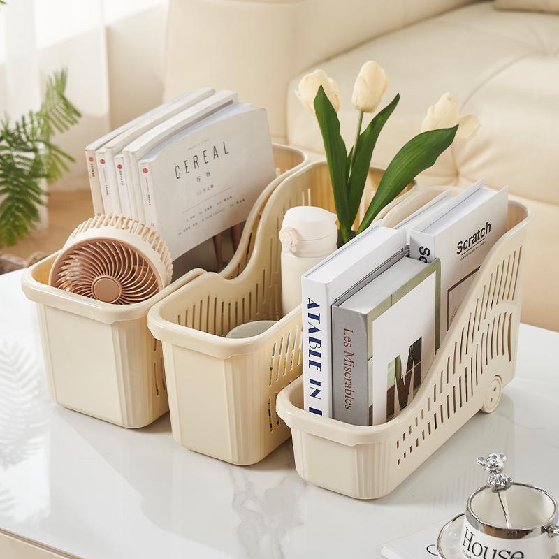 Plastic Storage Basket With Wheels And Handle Slanted Open Design Organizer Bin For Books Stationery And Household Items