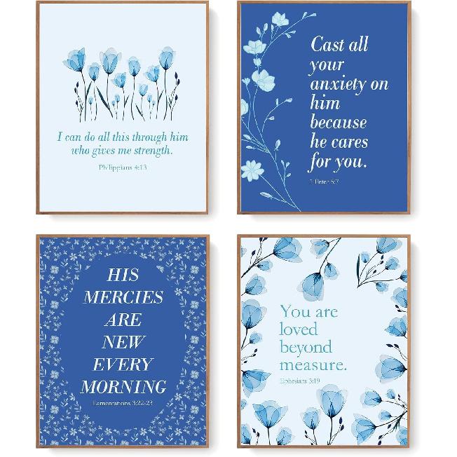LARTSFRO Blue Bow Christian Wall Art Decor Posters Prints, Floral Scripture pirational Bible Verses Wall Decor Christian Gifts for Women, Bow Room blue flower bible