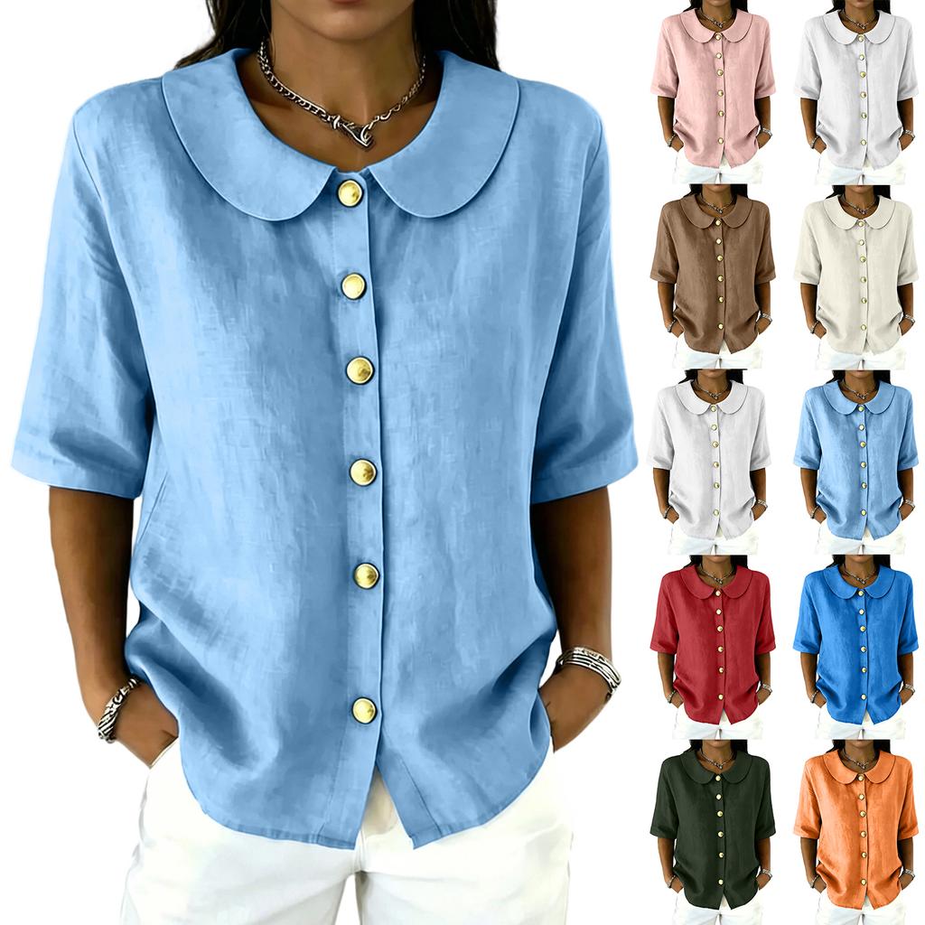Women Button Front Short Sleeve Shirt Elegant Collar Blouse Casual Loose Fit Summer Top Lightweight Breathable Fabric