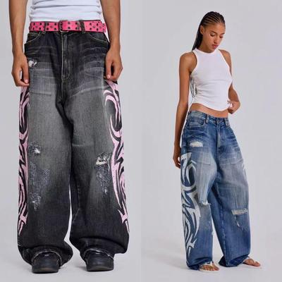 Y2K American Vintage Gemêleerde Totem Print Baggy Jeans Dames Hoge Taille Wijde Pijpen Jeans Dames Harajuku Trendy Hip-hop Jeans