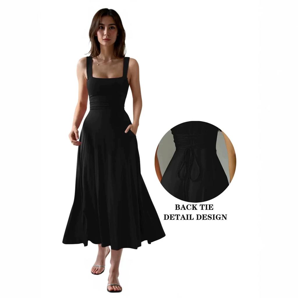 Damen Dickes Träger Square Neck Rückenbindung Figurbetontes Maxikleid A-Linie Party Abend Langkleid