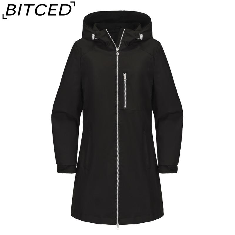 

BITCED Women s Outdoor Sports Water-Resistant Trench Coat with Hood Long-Sleeved Spring/Autumn Loose-Fit Casual Windbreaker S чёрный