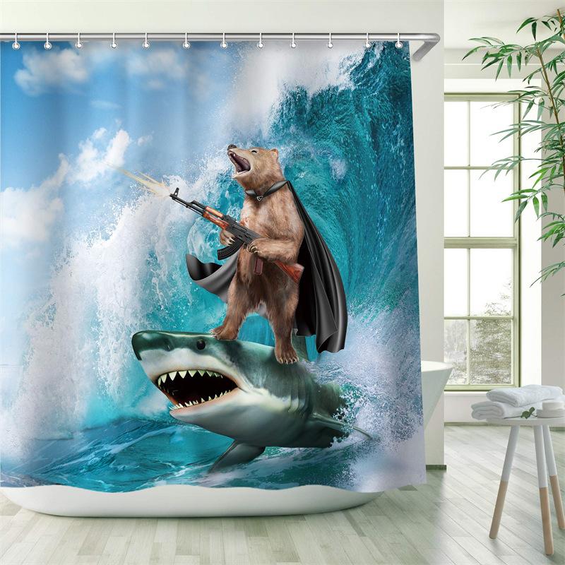 Pirate Cat Riding Shark Shower Curtain Funny Space Galaxy Rainbow Waterproof Fabric Bath Curtain With Hooks For Bathtub Decor