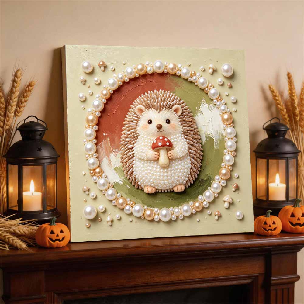 DIY 5D Pearl Bead Painting Kit with Frame Cute Hedgehog Mushroom Design Shiny Canvas Art for Bedroom Wall Decor and Special Artistic Gift