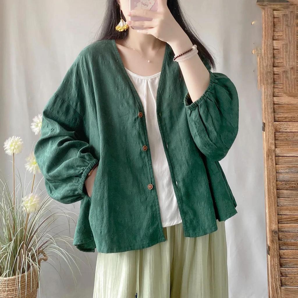 Women's Spring and Summer Solid Color Cotton and Linen Long-sleeved Sun Shirt Literary Loose Take Outside Thin Section Tops