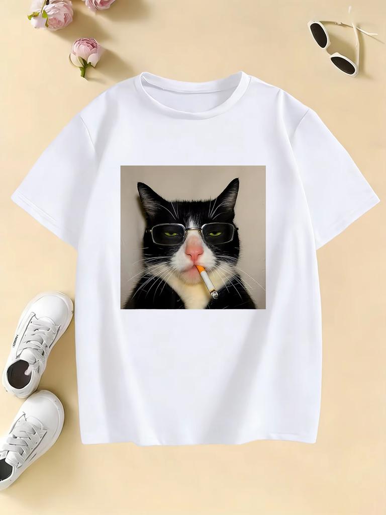 Fashion Retro Vintage Smoking Cat Design Print T Shirts pure cotton Unisex WomenTshirt Casual 2026 Summer Spring Casual Top Tee