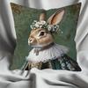 1Pc Royal Rabbit Portrait Pillow Cover, Polyester 2D Double-Sided Print, Vintage Floral Bunny Oil Painting Art, Animal Lover Hom