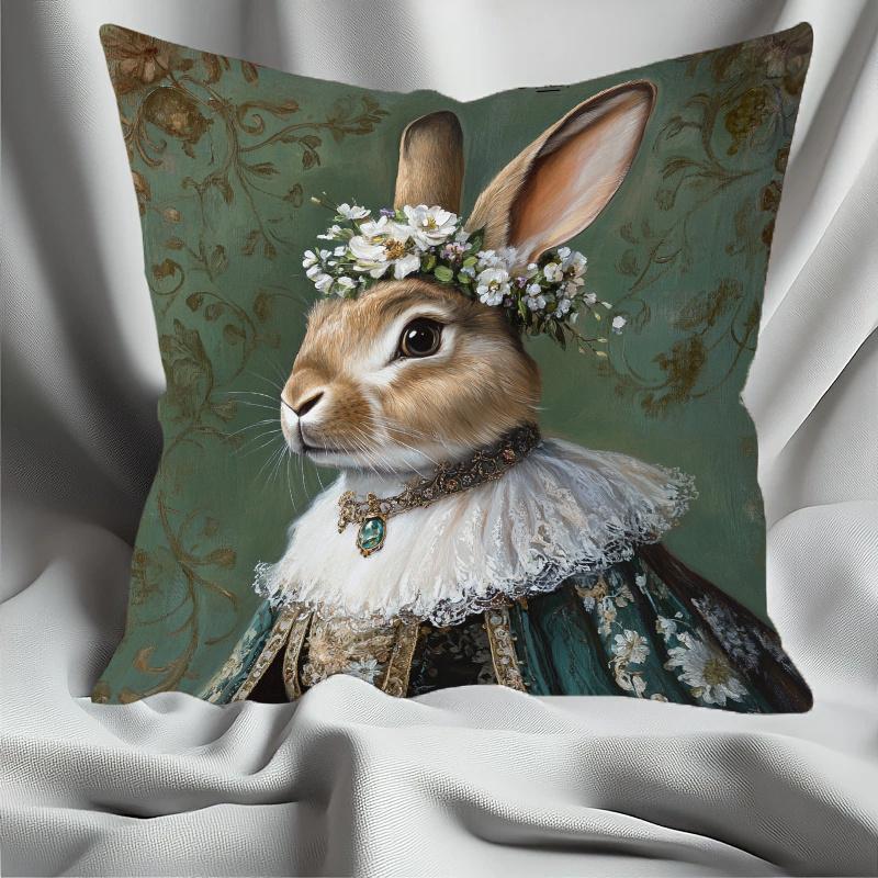 1Pc Royal Rabbit Portrait Pillow Cover, Polyester 2D Double-Sided Print, Vintage Floral Bunny Oil Painting Art, Animal Lover Hom
