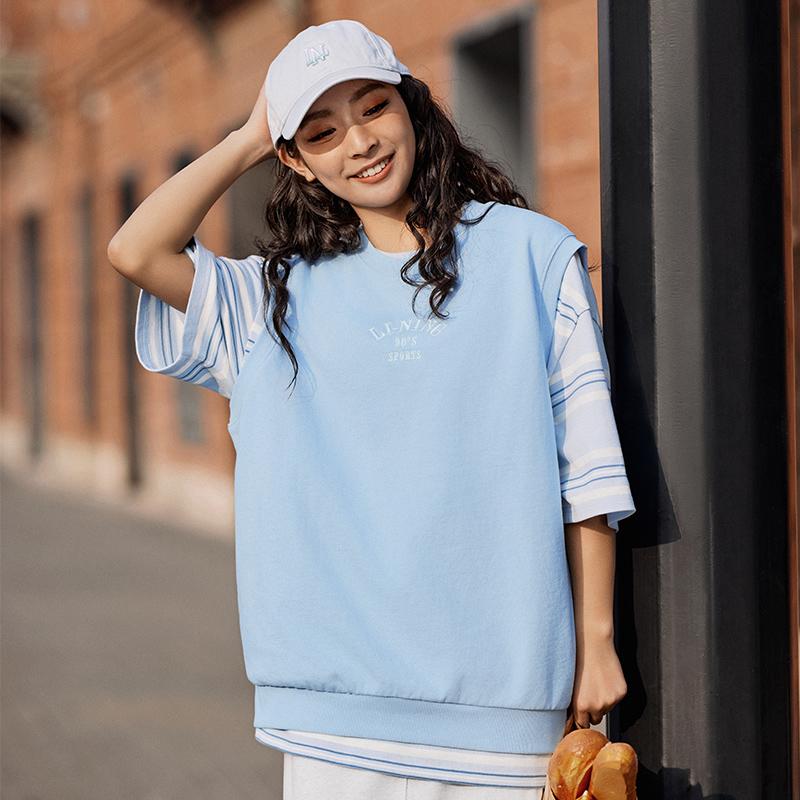 Li-Ning Weekend Youth Retro Loose Fashion Casual Sleeveless Letter Round Neck Vest Unisex Tops Sky-Blue AVSU493-5