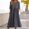 Women's Round Neck 3/4 Sleeve Linen Cotton Loose Midi Dress With Side Pockets Casual Swing Dress