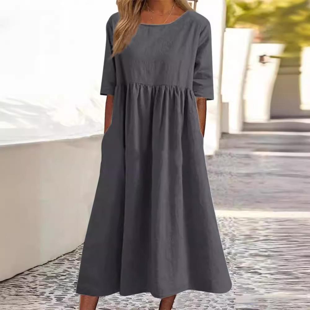 Women's Round Neck 3/4 Sleeve Linen Cotton Loose Midi Dress With Side Pockets Casual Swing Dress