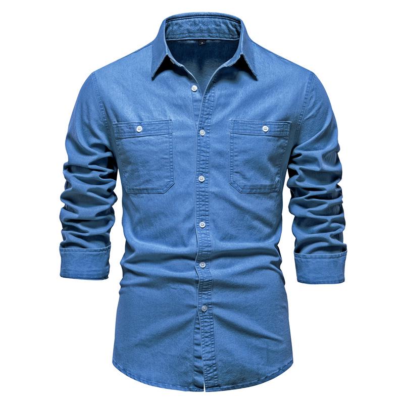 Men's European Casual Denim Long Sleeve Shirt, Solid Color, 2024 Edition
