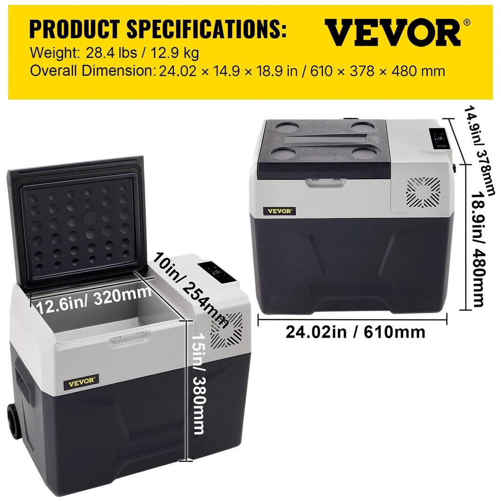 VEVOR Car Refrigerator, 12 Volt Car Refrigerator Fridge, 40 L Single Zone Portable Freezer with Wheels and Handle, -4 degrees F-68 degrees F