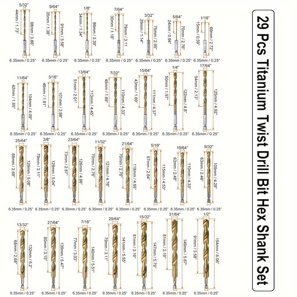 Titan-Schlagbohrer-Set - 30 Stück Sechskantschaft HSS, 1/16"-1/2" Sechskantschaft Bohrer-Set, Schnellwechsel-Design, für Holz, Stahl, Metall