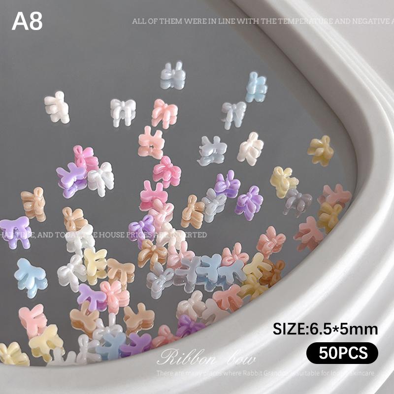 50Pcs Candy Color Bow Nail Art Parts Charms Mini Resin Ribbon Nail Rhinestones Diy Summer Nail Art Decor Accessories