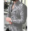 Men's Retro Street Texture Print Long Sleeve Shirt with Single-Breasted Lapel Design, Machine Washable, Suitable for Spring/Autumn