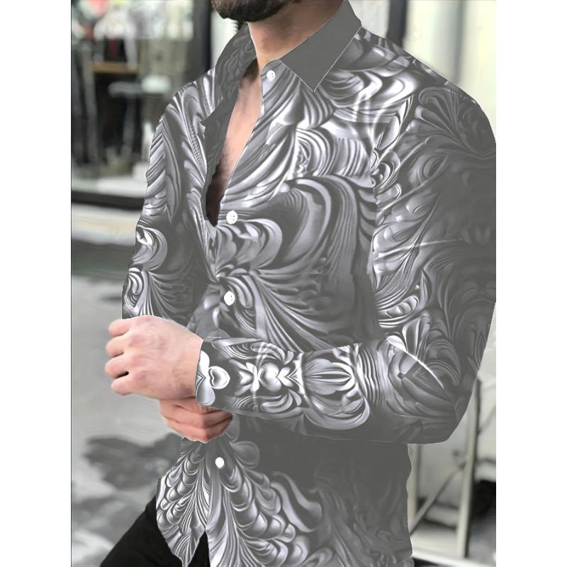 Men's Retro Street Texture Print Long Sleeve Shirt with Single-Breasted Lapel Design, Machine Washable, Suitable for Spring/Autumn