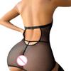 Sexy Wet Look Latex Erotic Babydoll Black Dress Backless Halter Bodysuit With Zipper Belt Erotic Leather Mesh Lingerie For Women