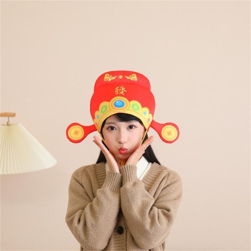 Chinese God Of Wealth Hat With Soft Padding Breathable New Year Party Hat For Family Gatherings And Festival Decoration