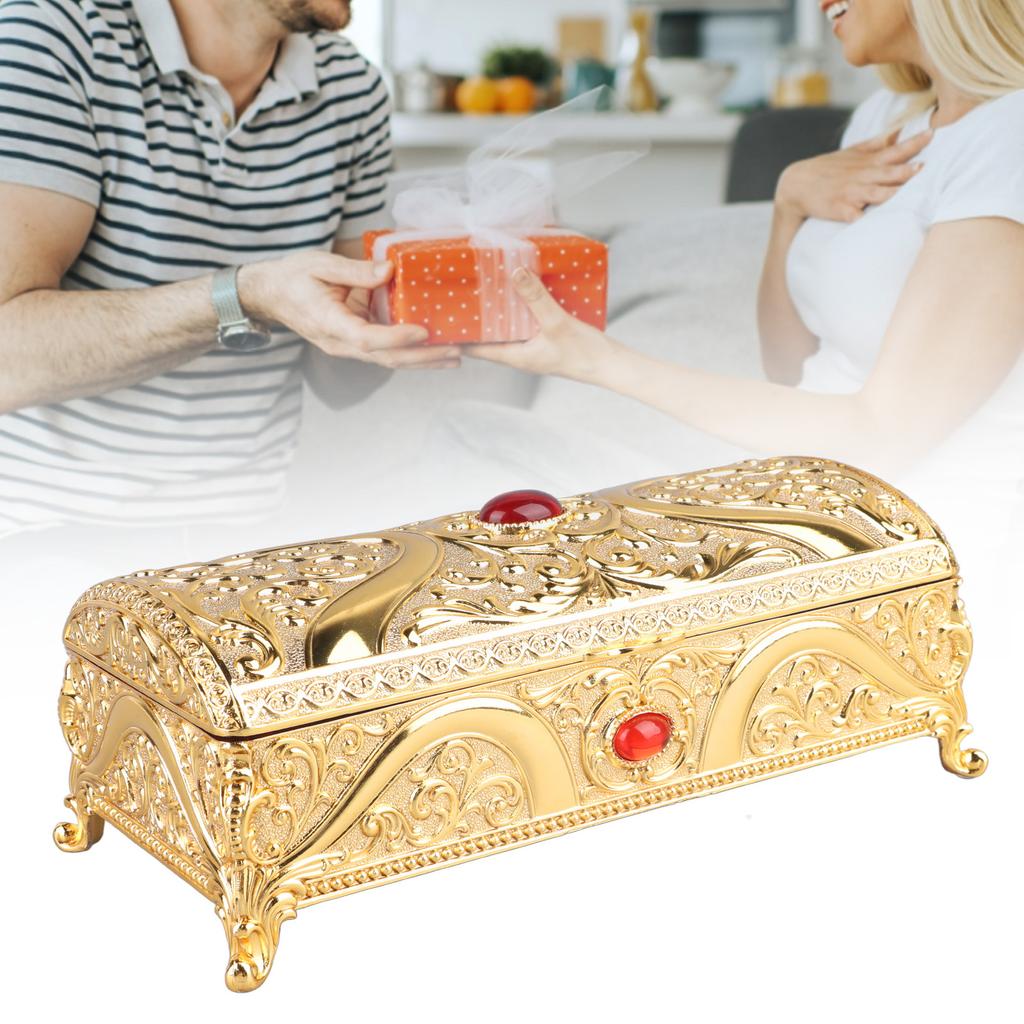 Vintage Metal Jewelry Box Rectangle Delicate Pattern Trinket Box with Soft for Rings Rrings