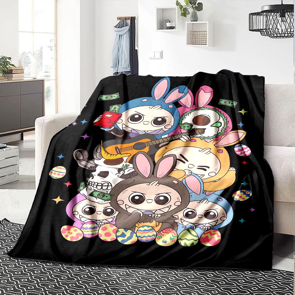 1Pc Cute Labubu Blanket Soft Comfortable Polyester Blanket Allseason Bedroom Office Outdoor Use Christmas Gift Choice Print Home Blanket Soft And Comf