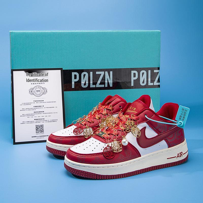 AJ1 Wedding Shoes: Bridal and Groom Flat-Soled Sneakers - Red, Dual-Function for Wedding Dress or Casual Wear.