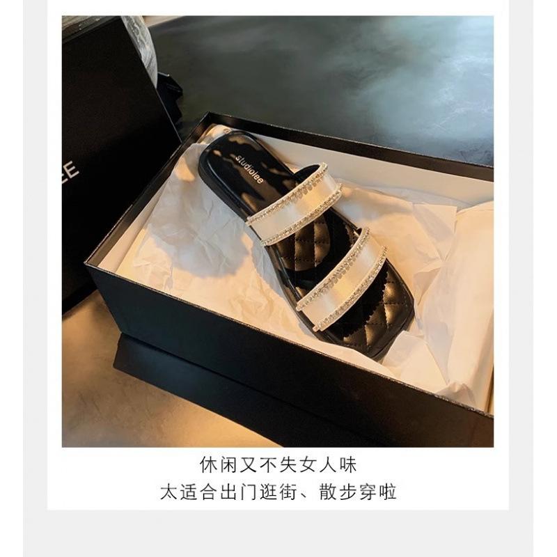 ~ New Summer Noble Satin Word with Sparkling Rhinestone Square Head Flat Bottom Cool Slippers