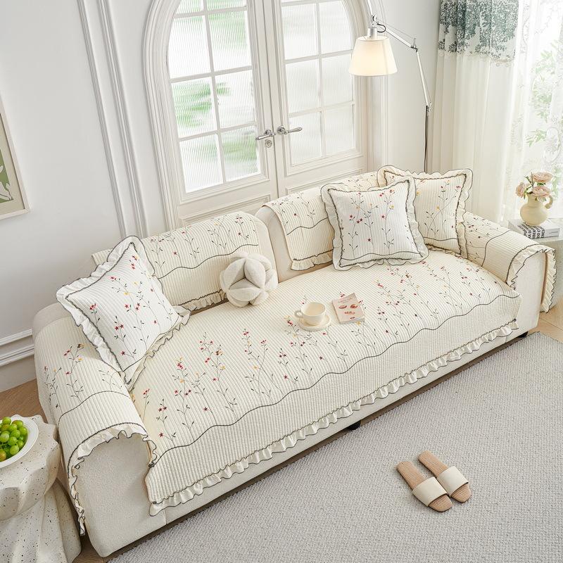 All Cotton Sofa Cover Seasonal Universal Fabric Anti Slip Pastoral Style Ruffle Edge Sofa Cushion New Sofa Cover Cloth