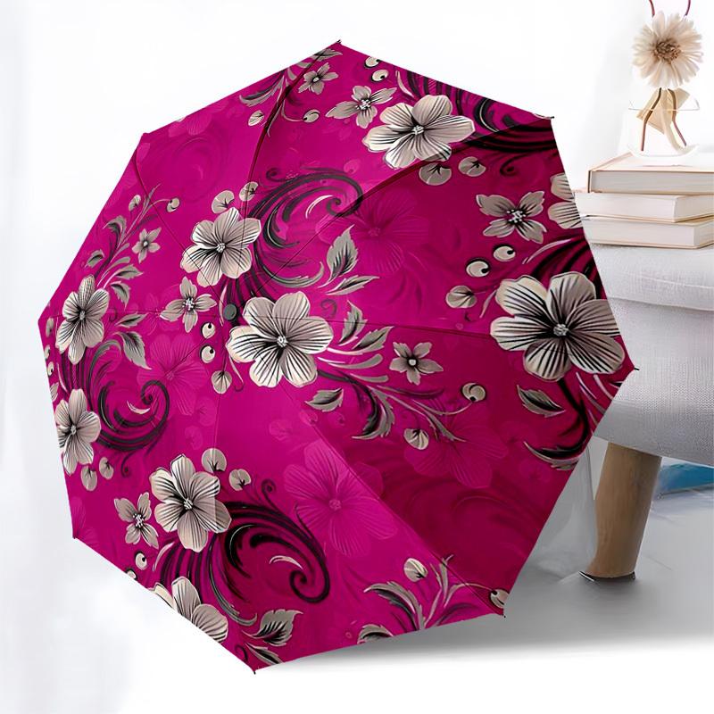 1pc Floral Pattern Pink Background Umbrella with Plastic Handle,Compact & Stylish,Suitable for All Seasons ptys26084