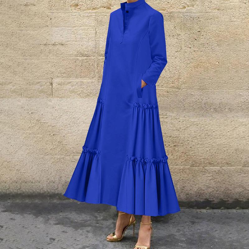 

VONDA Женские модные платья-рубашки с воротником-стойкой и длинным рукавом, однотонные, с оборками по подолу S синий