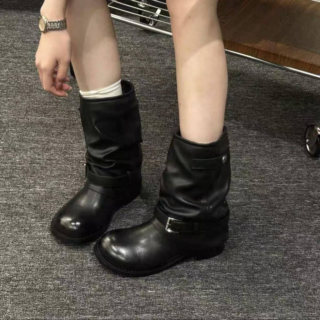 Cowhide version~ retro trousers fashion stacked short boots women's 2025 new thick heel pleated wasteland Martin boots