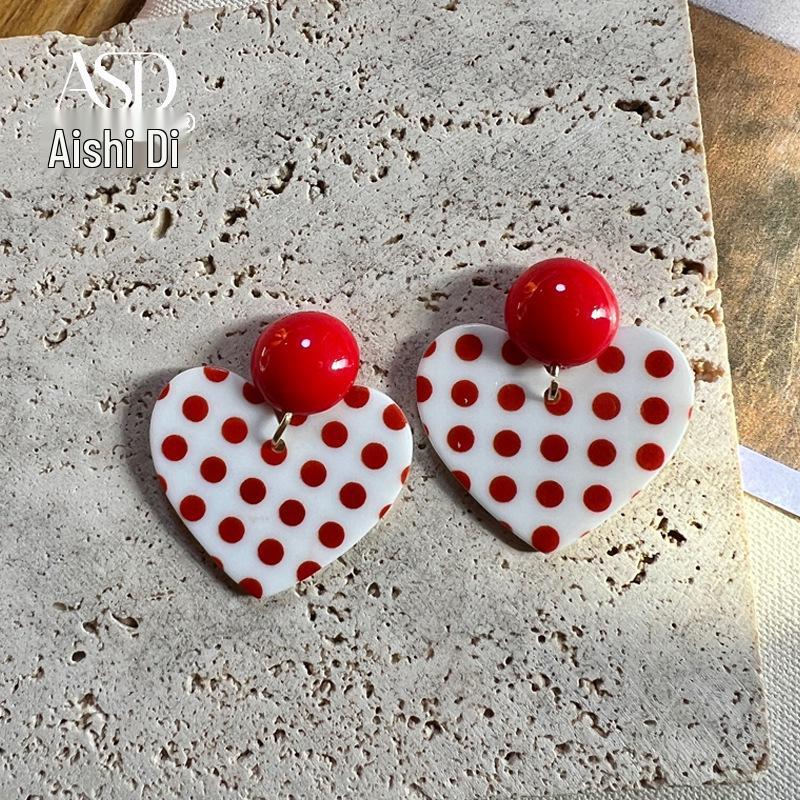 Hong Kong Style Retro Polka Dot Earrings: Playful Red Ear Clips for Girls and Women