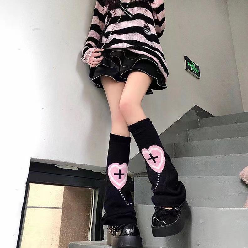 Y2K Black Heart Leg Warmers for Women - Sweet, Cool, Wide-Leg JK Style for Autumn & Winter