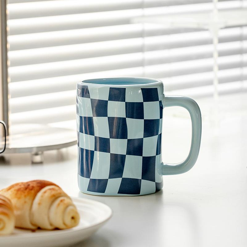Checkerboard Irregular Mug Water Cup Couple High Value Ceramic Cup Ins Cup Gift