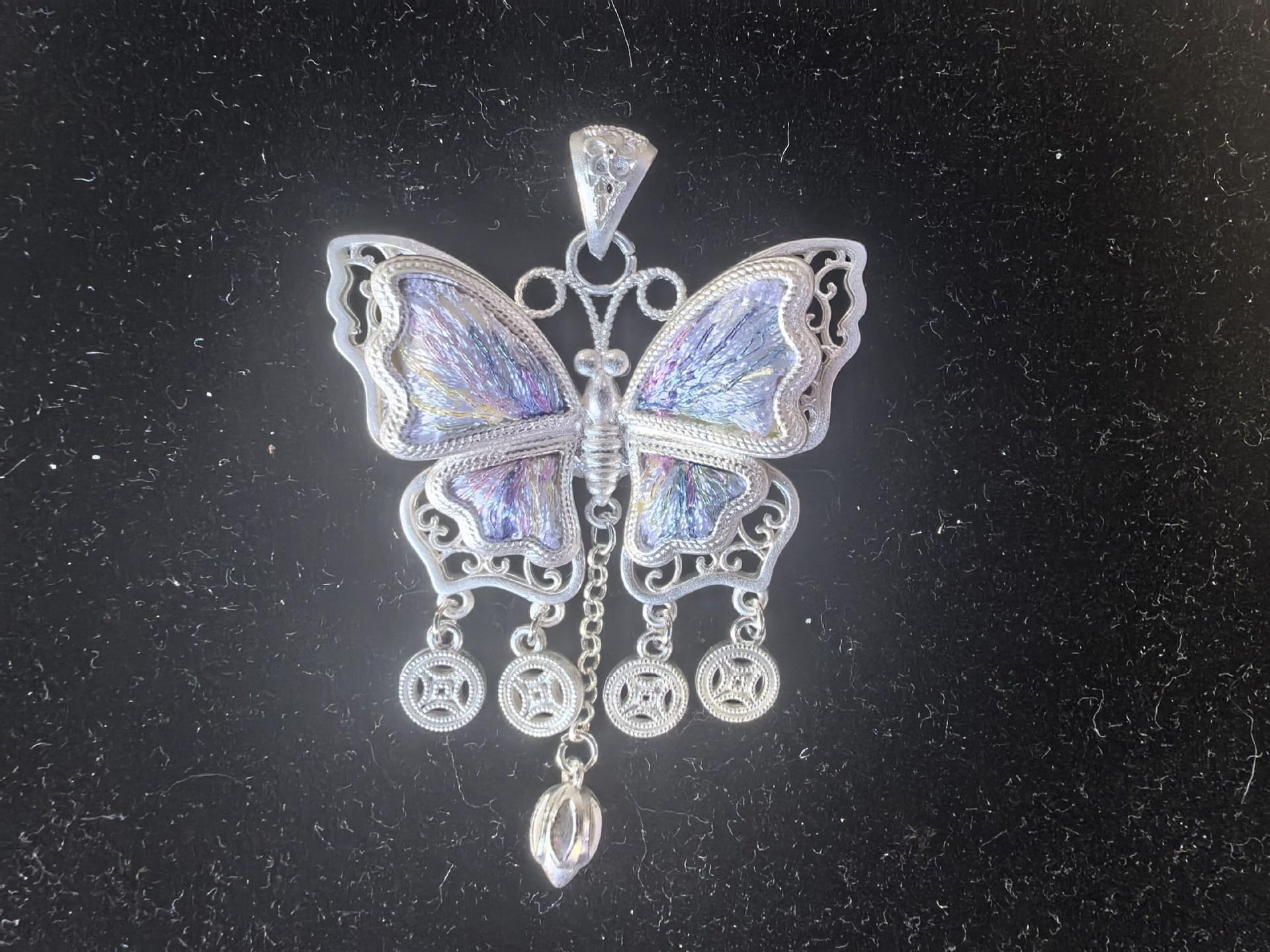 Vintage Miao Silver Embroidery Pendant with Tassel Sweater Chain - Ethnic Hollow Butterfly Design