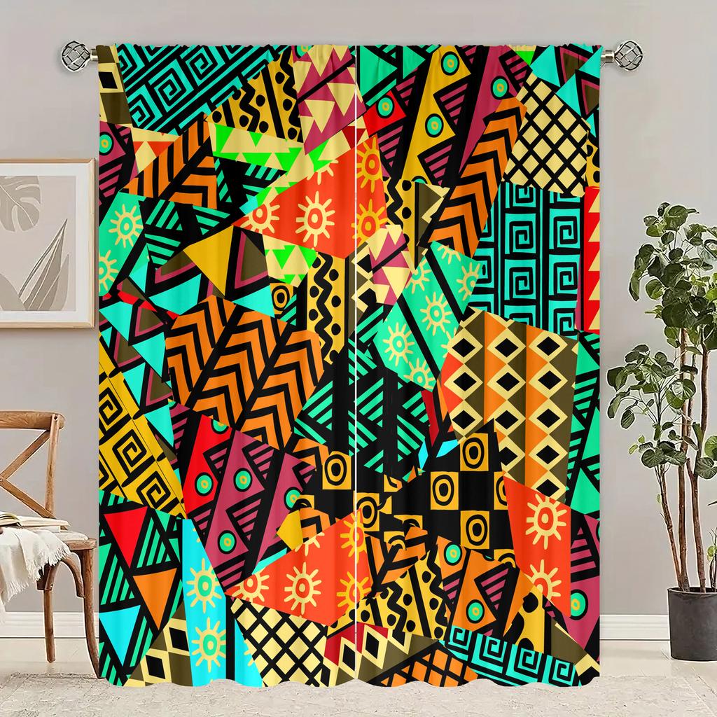 2 Pieces of Retro Tribal Graffiti Printing Curtain - Polyester Material - Suitable for Bedroom Living Room Study Room Priva