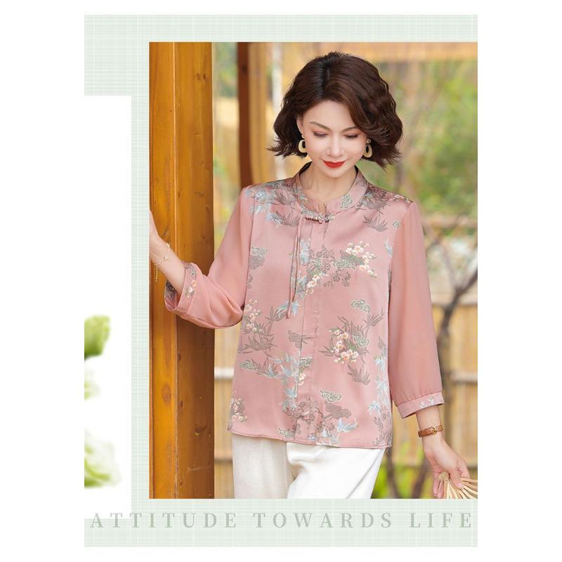 Chinese Style Mandarin Collar Blouse Women's Floral Printed Half-sleeve Chiffon Elegant Top