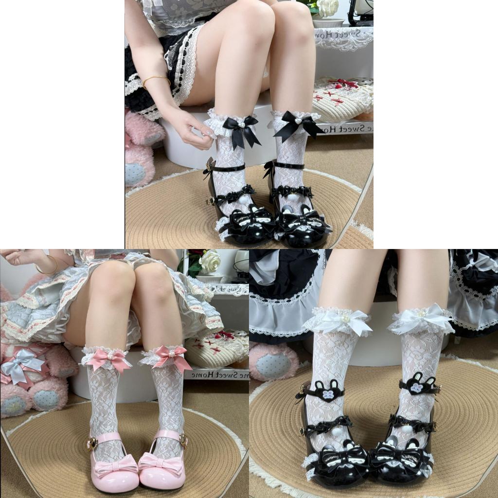 Lolita Butterfly Bow Lace Ankle Socks With Antibacterial Nylon For Girls Spring Summer
