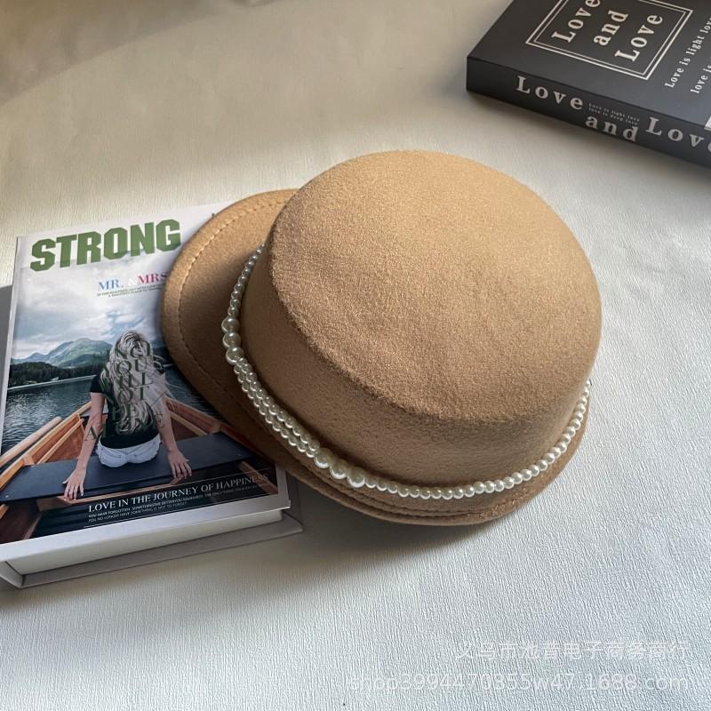French Pearl Chain Top Hat Women's Autumn and Winter Warm Flat Top Felt Hat British Celebrity Retro Versatile Fashion Hat