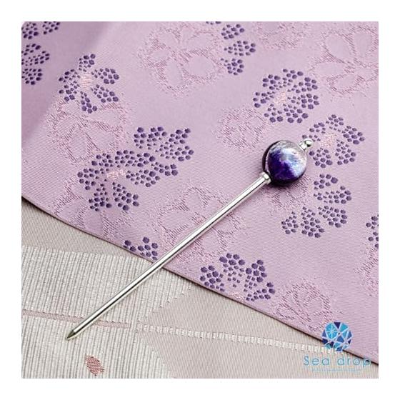 Sea Drop Kanzashi Hairpin with 22mm Luminous Firefly Glass, Glow-in-the-Dark Dragonfly Bead, Marine Purple, Silver, Single Prong, Japanese Hair
