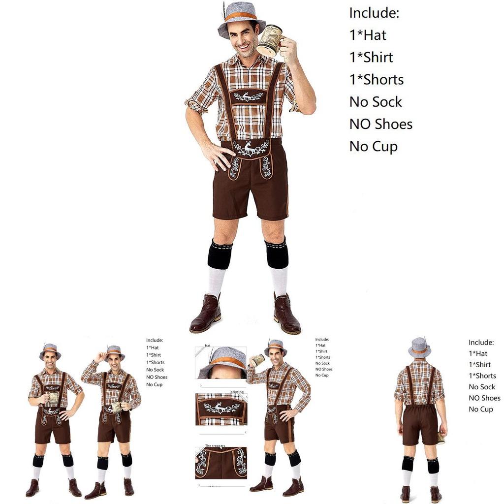 Stylish German Oktoberfest Clothing Men Fawn Print Khaki Plaid Costume Set