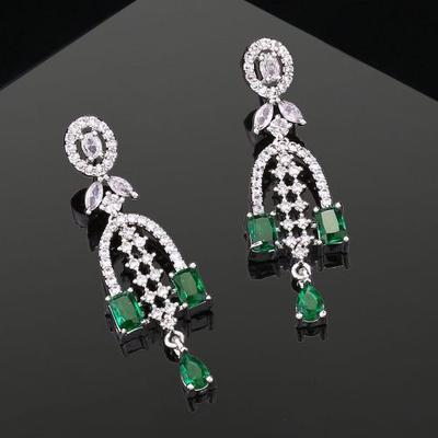 Women's Designer Earrings Rhodium Plated CZ Shooting Star Green Stones