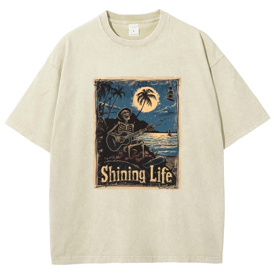 American Anime Movie Style Skull Print Washed T-Shirt Oversized Loose Unisex Couple Short Sleeve Comfortable High Street