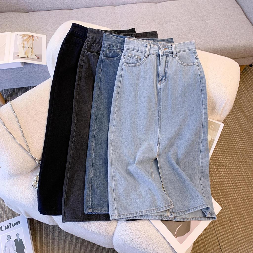 2024 Summer High-Waist Retro Denim Midi Skirt with Slit