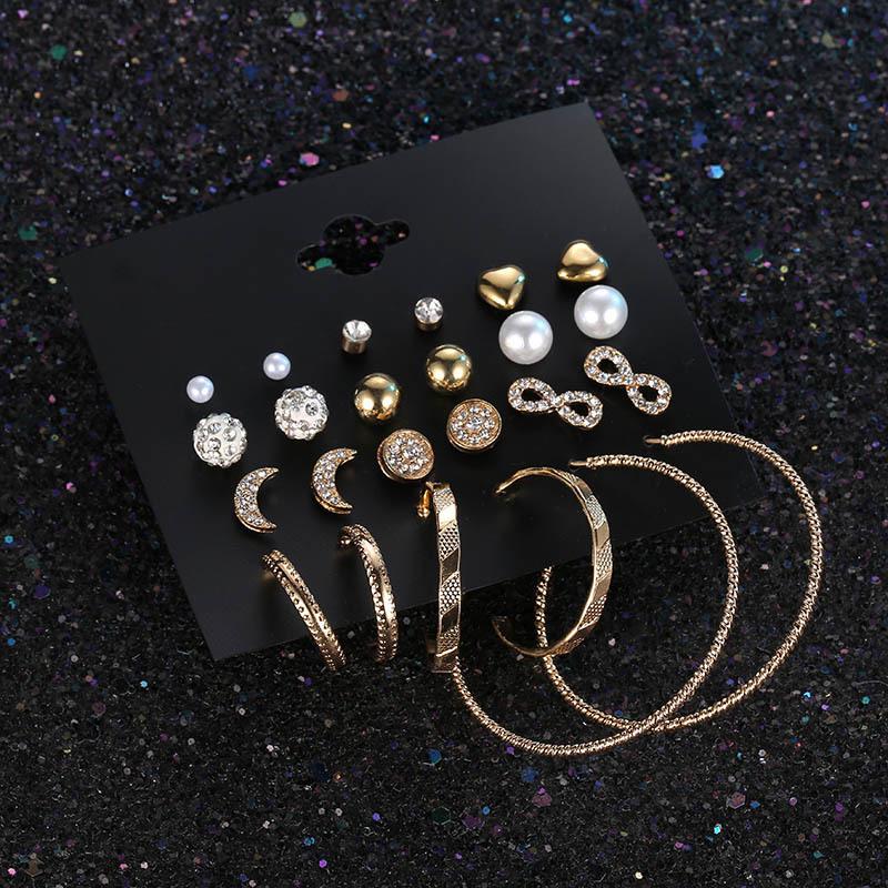 Best-selling large earrings and moon stars in Europe and America, 11-pair multi-pair one-card combination stud earrings for women, diamond-inlaid