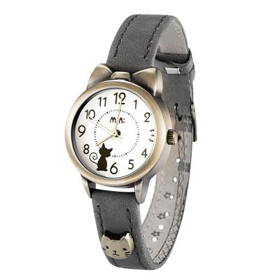 Niedliche Katzenmädchen fq234 graues Lederarmband Mädchen Studentenuhr Kinderuhr,